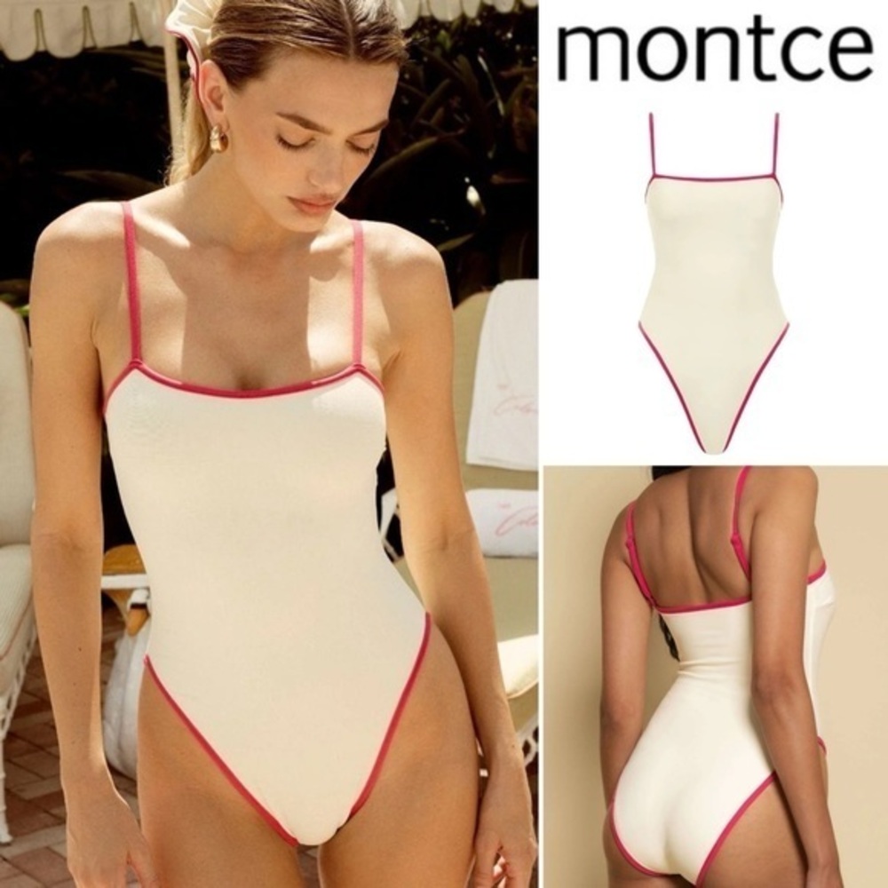 Montce Cream Raspberry Binded Jacelyn One-Piece Swimsuit with Pink Accents M NWT